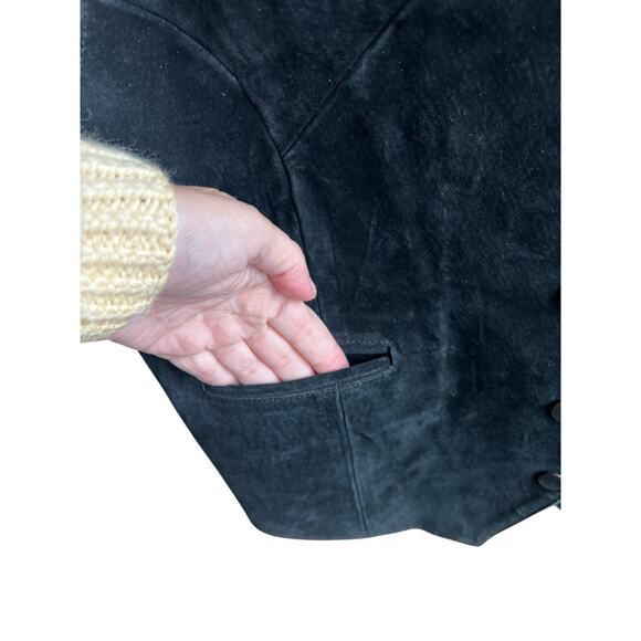 Vintage Women’s Suede Vest Large Black Snap Pockets Rockabilly Goth Western - Picture 3 of 7